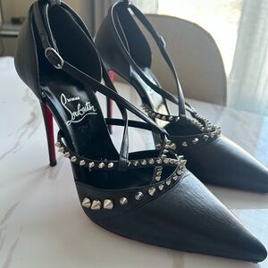 W/PROOF OF PURCHASE Christian Louboutin Black Studded Strappy Pointed-Toe Pumps